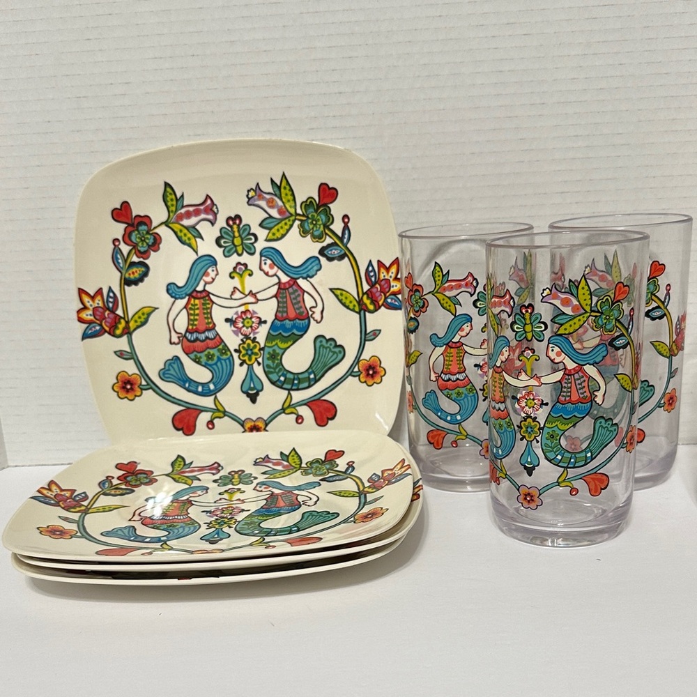 Cost Plus World Market Folk Art Dinnerware Set with Glasses